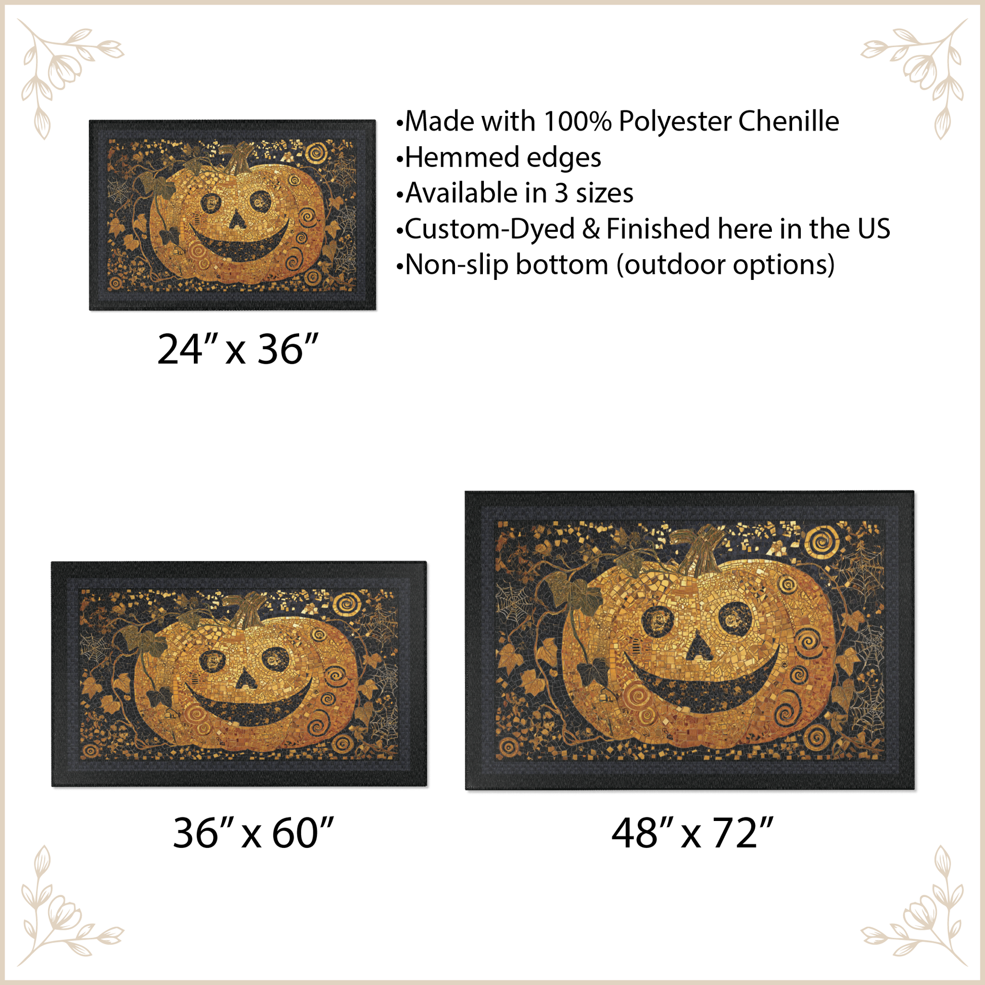 Pumpkin-themed framed area rug shown in three sizes with text listing features: made with 100% polyester chenille, hemmed edges, available in 3 sizes, custom dyed and finished in the US, and non-slip bottom outdoor options. The artwork depicts a stylized orange pumpkin face with black decorative background and gold leaf-like swirls.