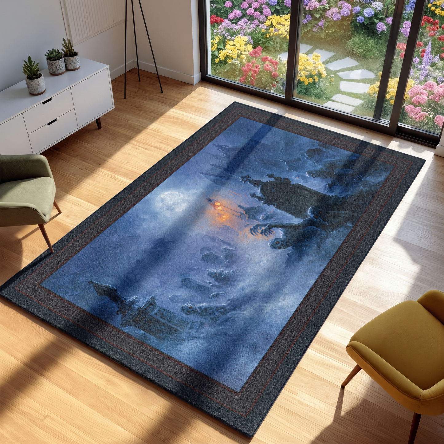 A large rectangular area rug with a fantasy illustration of a dark dragon in blue and gray clouds, shown in a modern living room setting with wooden floors, chairs, and a large window overlooking a flower garden.