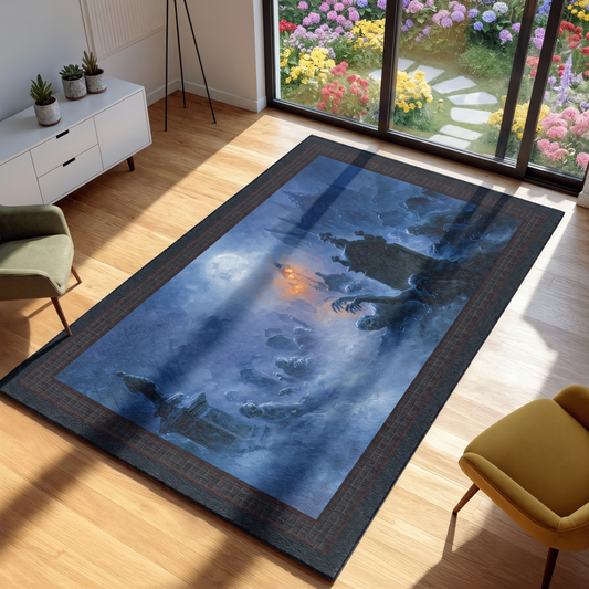 A large rectangular area rug with a fantasy illustration of a dark dragon in blue and gray clouds, shown in a modern living room setting with wooden floors, chairs, and a large window overlooking a flower garden.