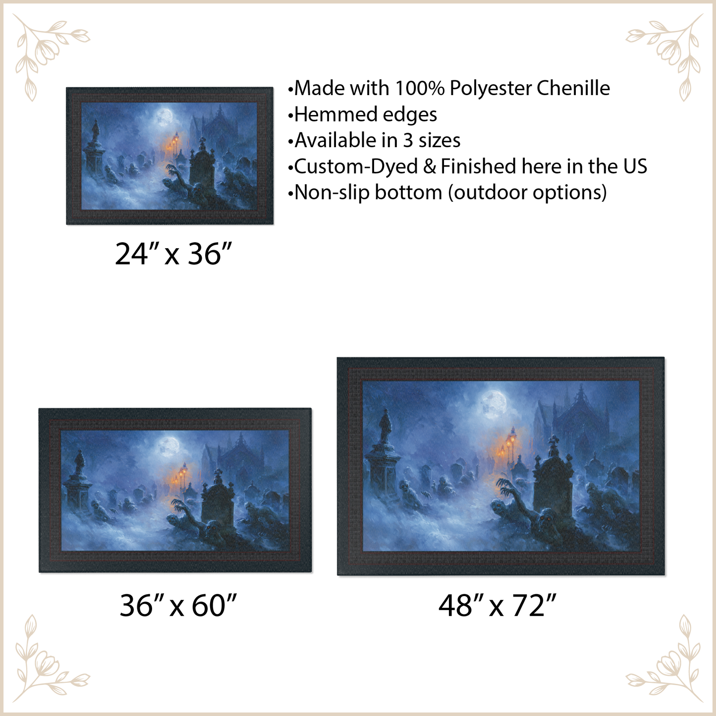 Product information of an area rug showing three framed prints of a gothic cemetery scene in different sizes: 24" x 36", 36" x 60", and 48" x 72". Text lists features including 100% polyester chenille, hemmed edges, available in 3 sizes, custom dyed and finished in the US, and non-slip bottom for outdoor options.
