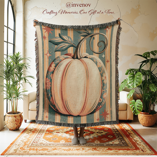 A large woven throw blanket featuring a large cream-colored pumpkin on a striped teal, beige, and brown background with fringe, held up by a person standing on a patterned rug in a decorated room.