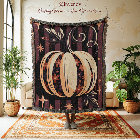 A large woven throw blanket with fringe is held up in a styled room. The blanket features a large cream-colored pumpkin design on a dark purple and black striped background with floral and star motifs.
