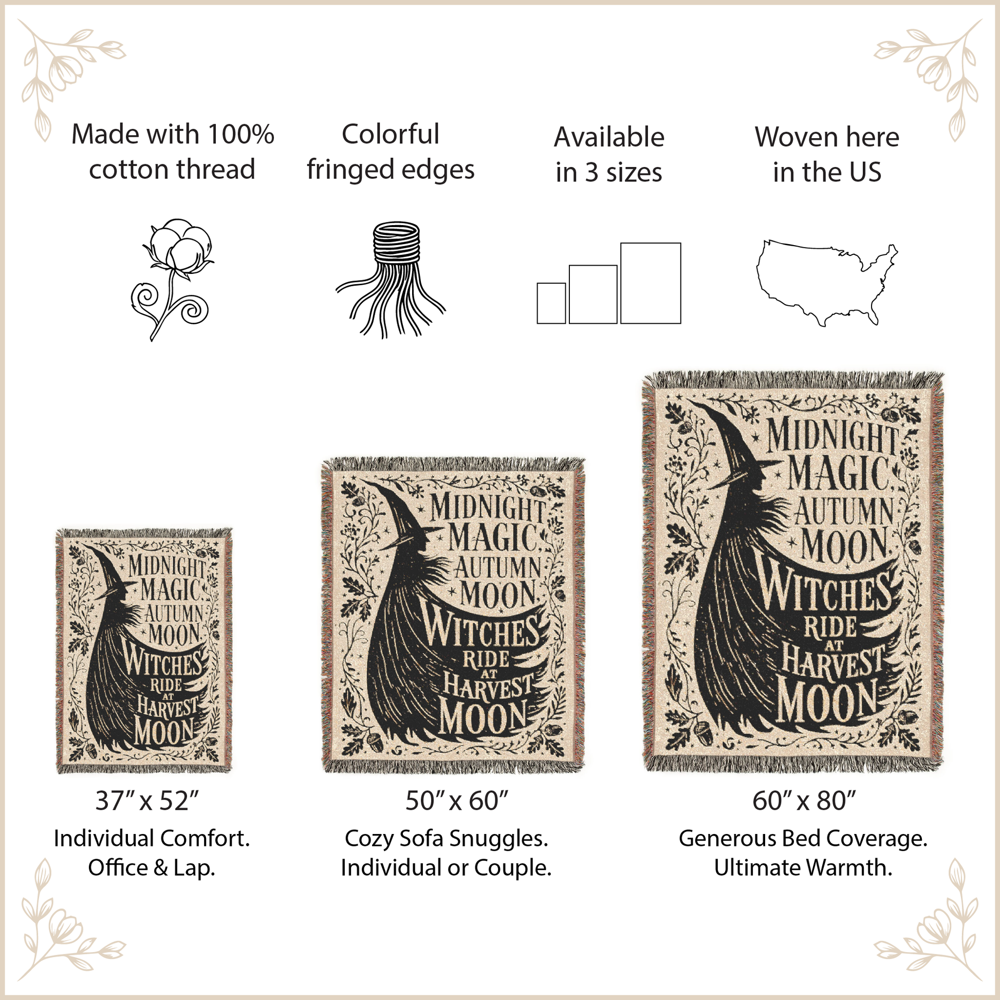 A product information graphic for a woven tapestry featuring a witch and moon design. The graphic shows three size options: 37" x 52", 50" x 60", and 60" x 80", with text describing the tapestry as made of 100% cotton thread, colorful fringed edges, available in 3 sizes, and woven in the US.