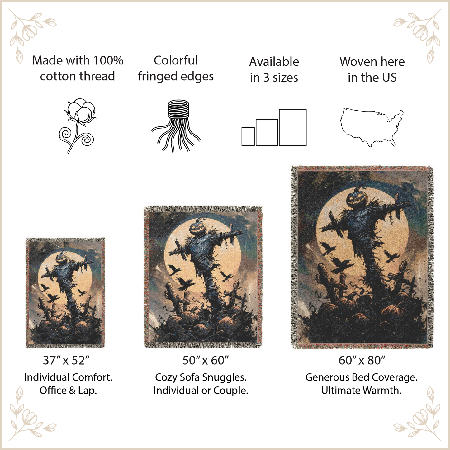 A product information graphic for a Halloween-themed woven blanket or tapestry. The design shows a scarecrow silhouette against a full moon with bats and pumpkins, plus text and icons stating it is made with 100% cotton thread, has colorful fringed edges, is available in 3 sizes, and is woven in the US.
