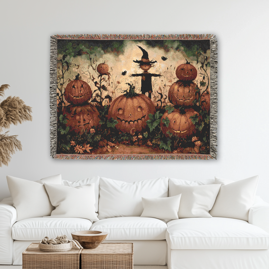 Halloween-themed tapestry with pumpkins and a witch on a wall above a white sofa.