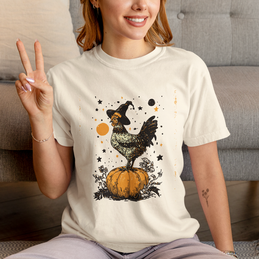 Comfort Colors Farmyard Halloween Chicken Garment-Dyed T-shirt, Spooky Pumpkin Witch Hat Rustic Autumn Tee, Fall Style, Harvest Time Shirt