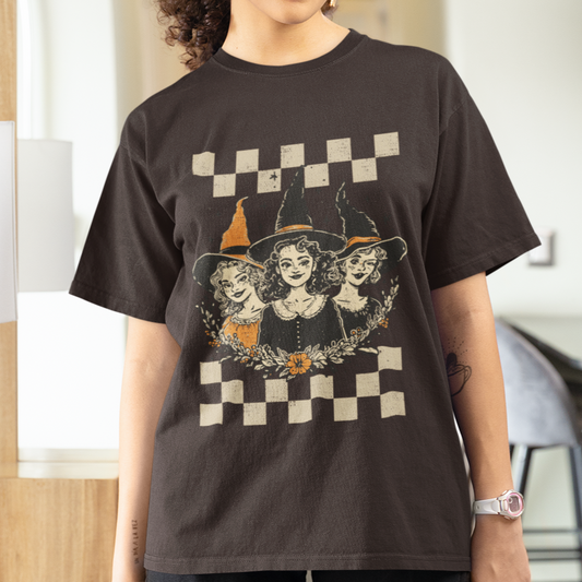 Vintage Style Halloween Witch Shirt, Cute Witches Shirt, Autumn Retro Fall Fashion Tee, Pumpkin Patch Shirt, Checkerboard Halloween Shirt