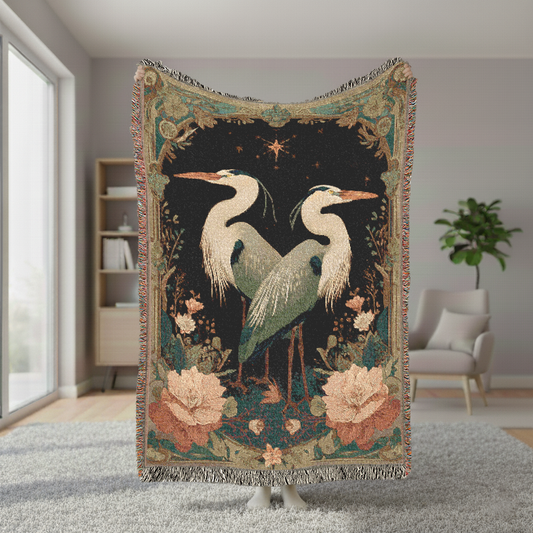 Blue Heron Woven Blanket, Vintage Style Bird Tapestry, Dark Academia Throw, Celestial Botanical Art, Romantic Cottagecore Anniversary Gift