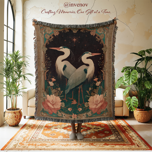 Decorative throw blanket with two cranes and flowers on a stand in a room with plants and furniture.