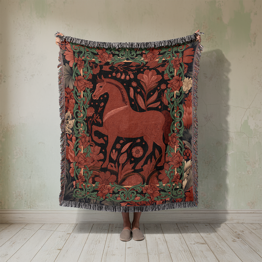 Year of the Horse Woven Blanket, 2026 Chinese New Year Tapestry, Lunar New Year Jacquard Gift, Zodiac Folk Art Throw, Equestrian Home Decor