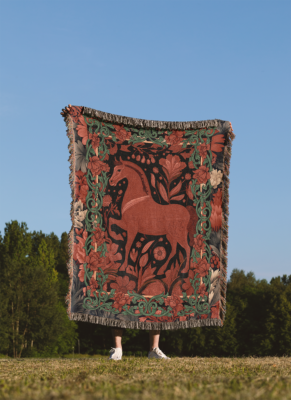 Year of the Horse Woven Blanket, 2026 Chinese New Year Tapestry, Lunar New Year Jacquard Gift, Zodiac Folk Art Throw, Equestrian Home Decor