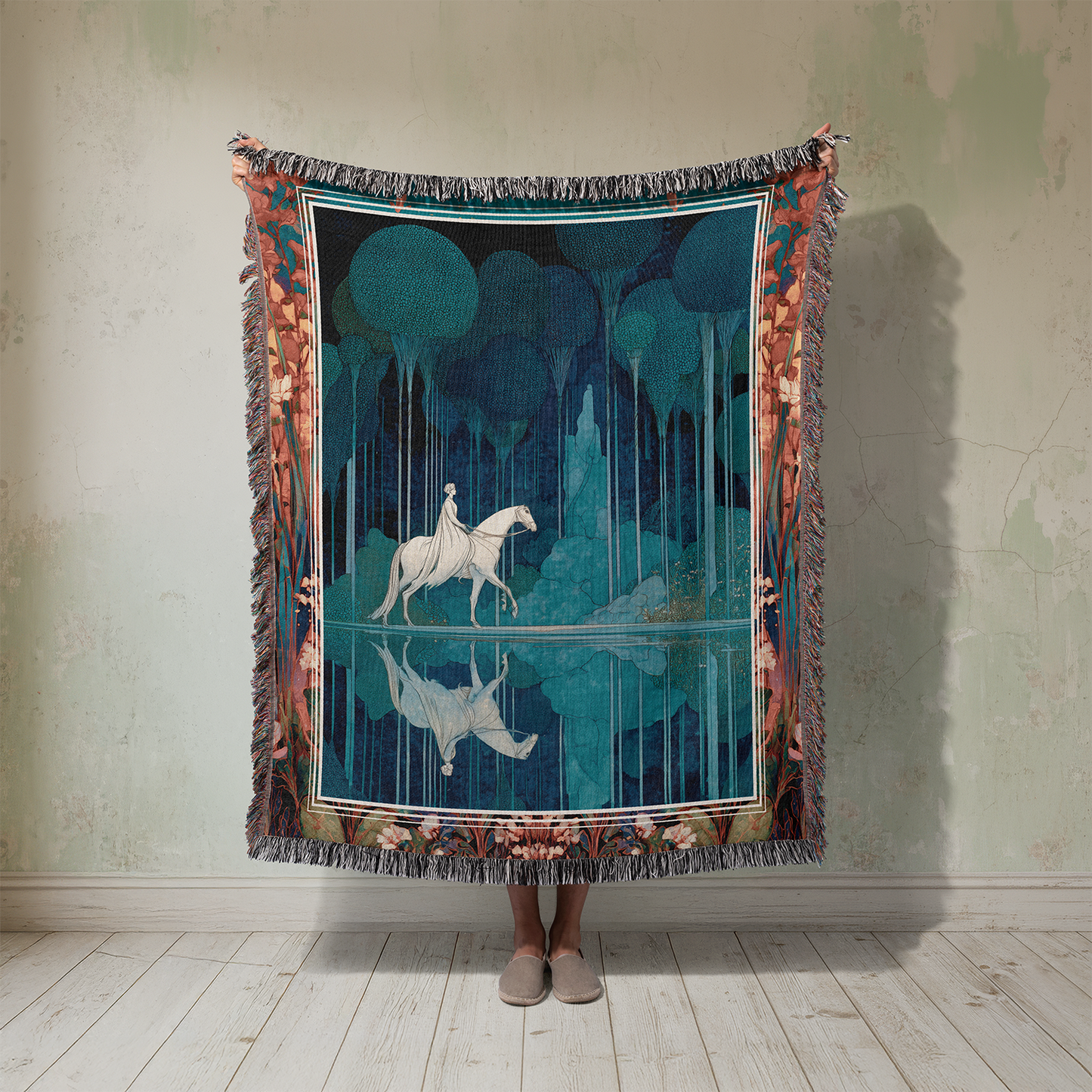 Fairytale Woven Blanket, Vintage Horse Tapestry, Dark Academia Jacquard Throw, Enchanted Forest Wall Hanging, Mythical Art Nouveau Gift