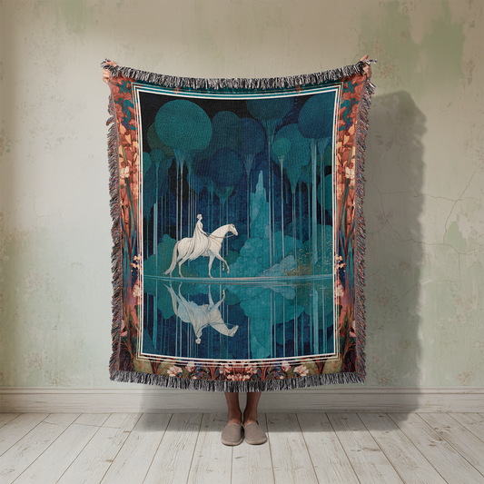 Fairytale Woven Blanket, Vintage Horse Tapestry, Dark Academia Jacquard Throw, Enchanted Forest Wall Hanging, Mythical Art Nouveau Gift