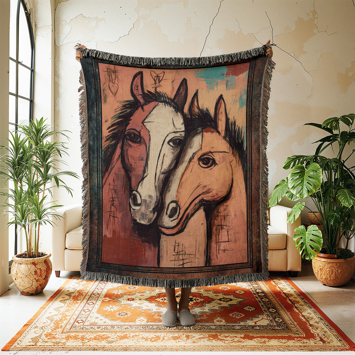 Abstract Horse Woven Blanket, Cubism Tapestry Wall Hanging, Picasso Inspired Throw Jacquard, Modern Art Lover Eclectic Equestrian Decor