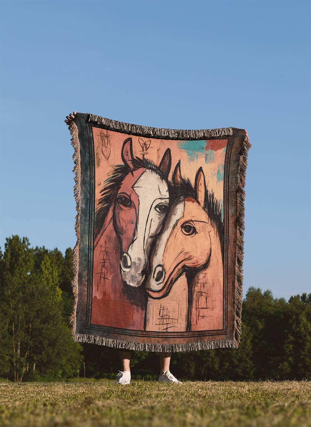 Abstract Horse Woven Blanket, Cubism Tapestry Wall Hanging, Picasso Inspired Throw Jacquard, Modern Art Lover Eclectic Equestrian Decor