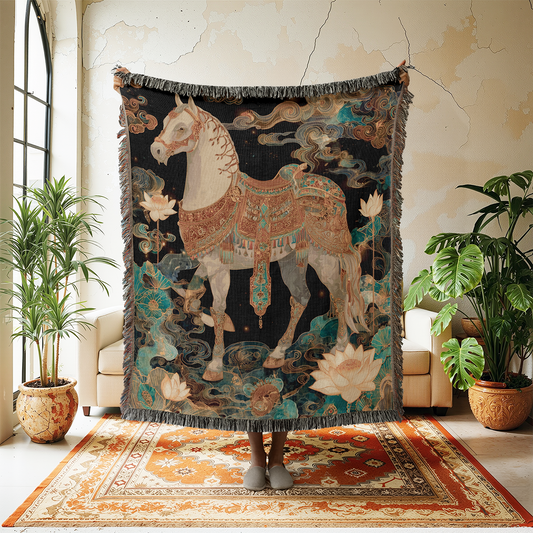 Year of the Horse, Chinese New Year 2026, Celestial Horse Woven Blanket, Asian Art Jacquard Tapestry, Gold Royalcore Wall Hanging