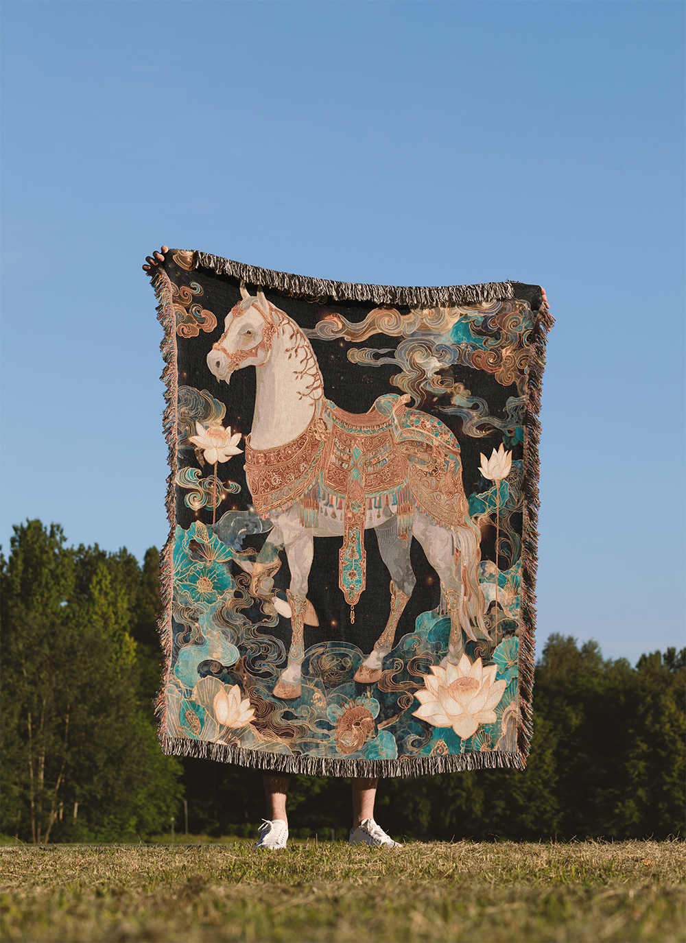 Year of the Horse, Chinese New Year 2026, Celestial Horse Woven Blanket, Asian Art Jacquard Tapestry, Gold Royalcore Wall Hanging