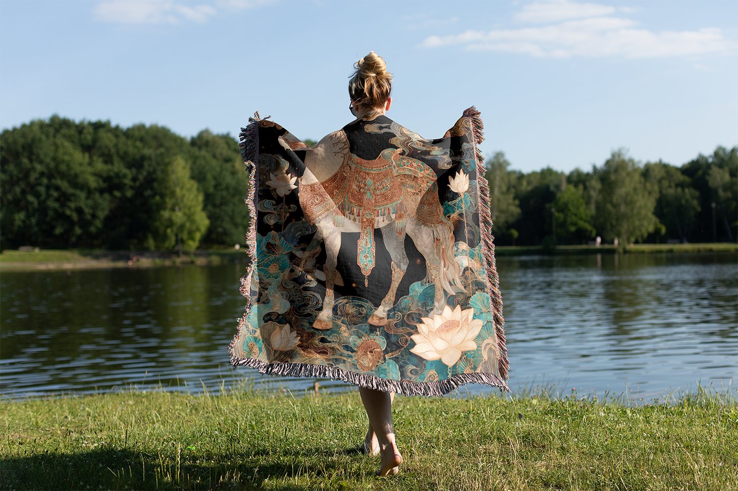 Year of the Horse, Chinese New Year 2026, Celestial Horse Woven Blanket, Asian Art Jacquard Tapestry, Gold Royalcore Wall Hanging