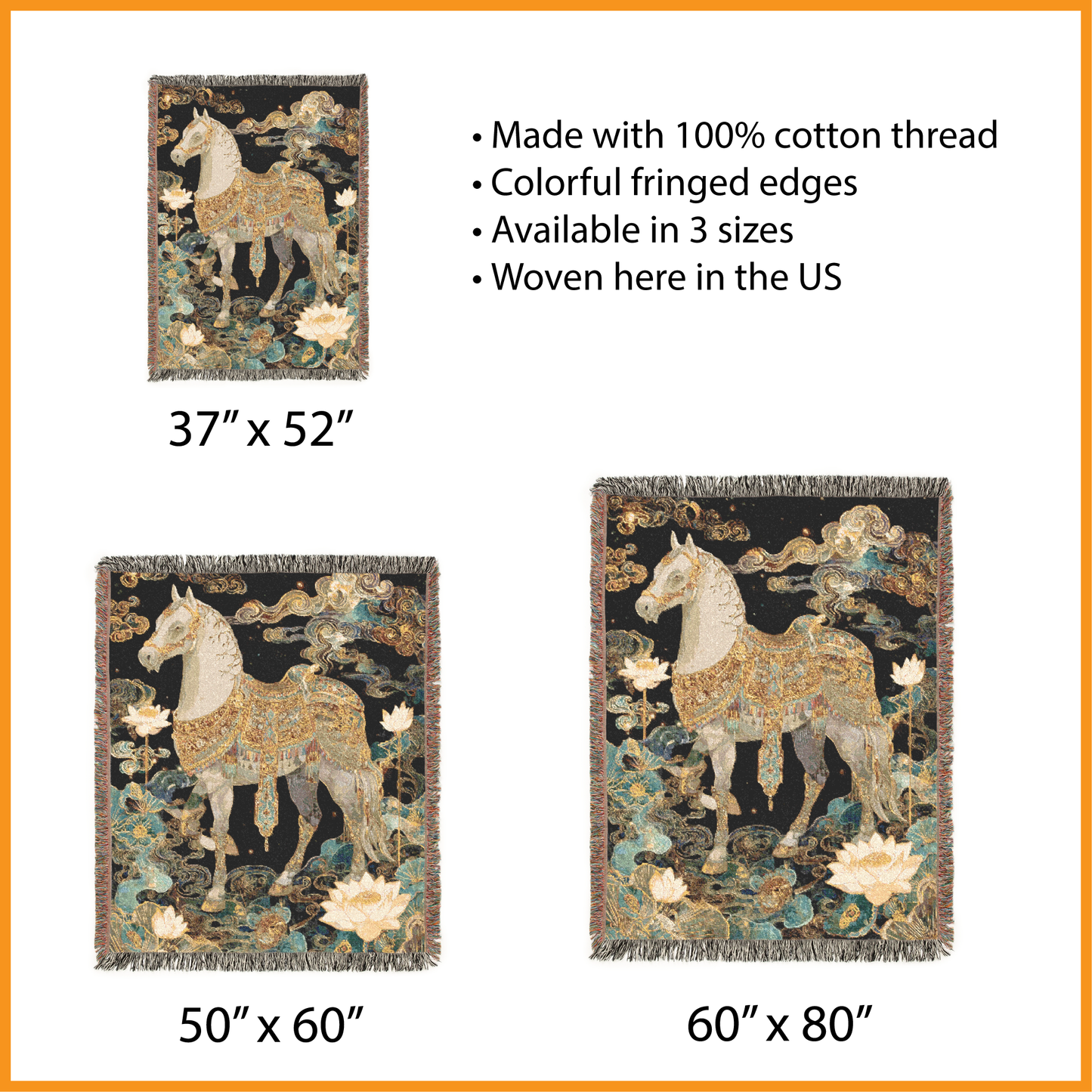 Year of the Horse, Chinese New Year 2026, Celestial Horse Woven Blanket, Asian Art Jacquard Tapestry, Gold Royalcore Wall Hanging