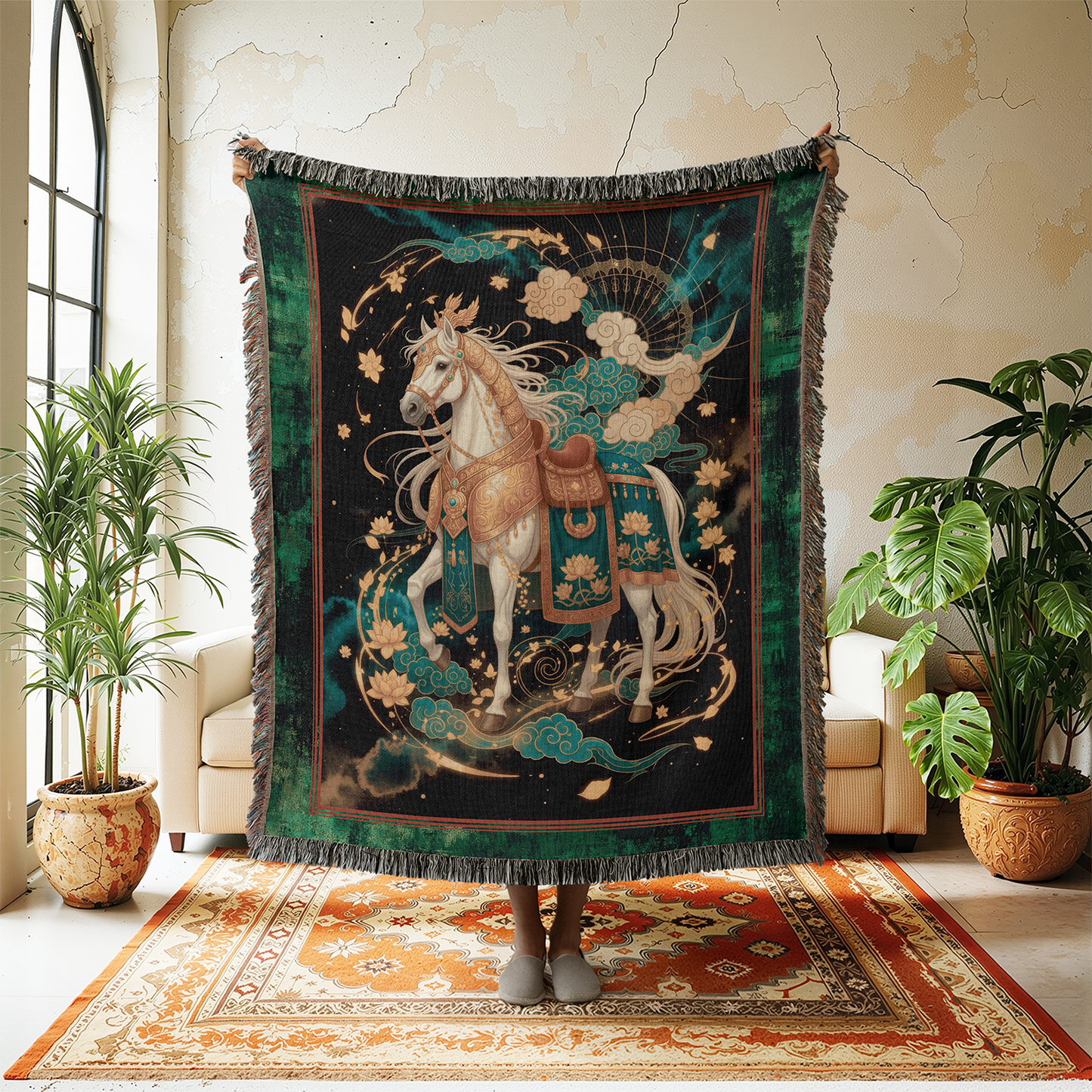 Celestial Horse Woven Blanket, Chinese New Year 2026 Tapestry, Mythical Chinoiserie Art Jacquard Throw, Wall Hanging, Year of the Horse Gift