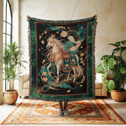 Celestial Horse Woven Blanket, Chinese New Year 2026 Tapestry, Mythical Chinoiserie Art Jacquard Throw, Wall Hanging, Year of the Horse Gift
