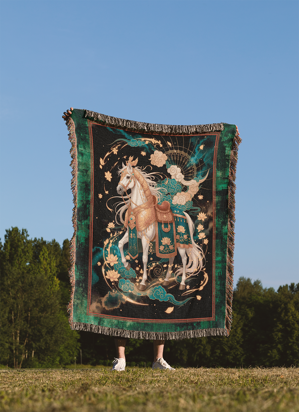 Celestial Horse Woven Blanket, Chinese New Year 2026 Tapestry, Mythical Chinoiserie Art Jacquard Throw, Wall Hanging, Year of the Horse Gift