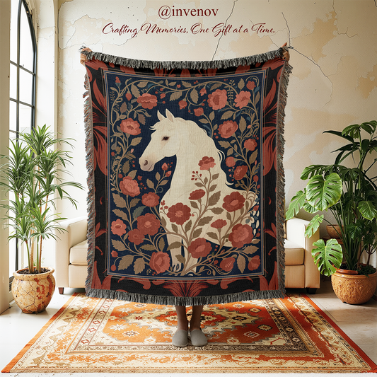 Decorative blanket with a unicorn design in a room with plants and furniture.