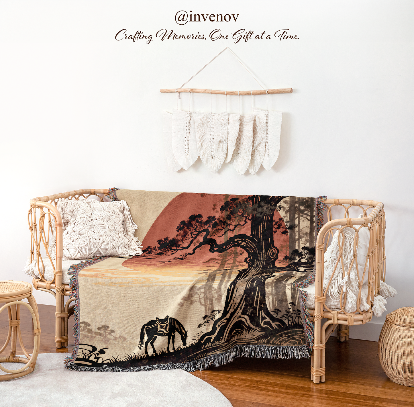 Decorative blanket with tree design on a couch