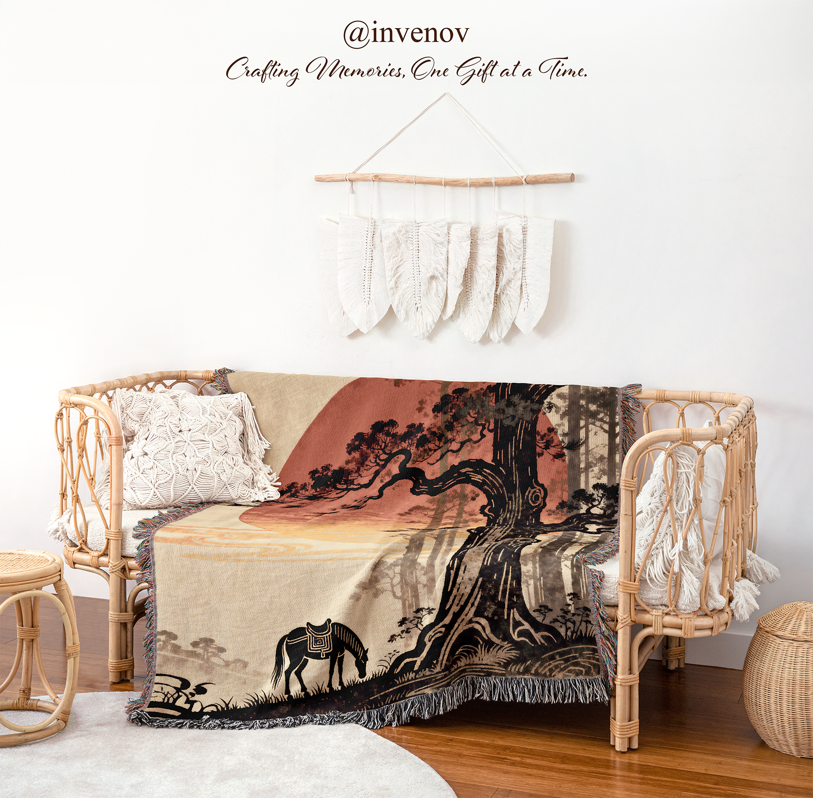 Decorative blanket with tree design on a couch