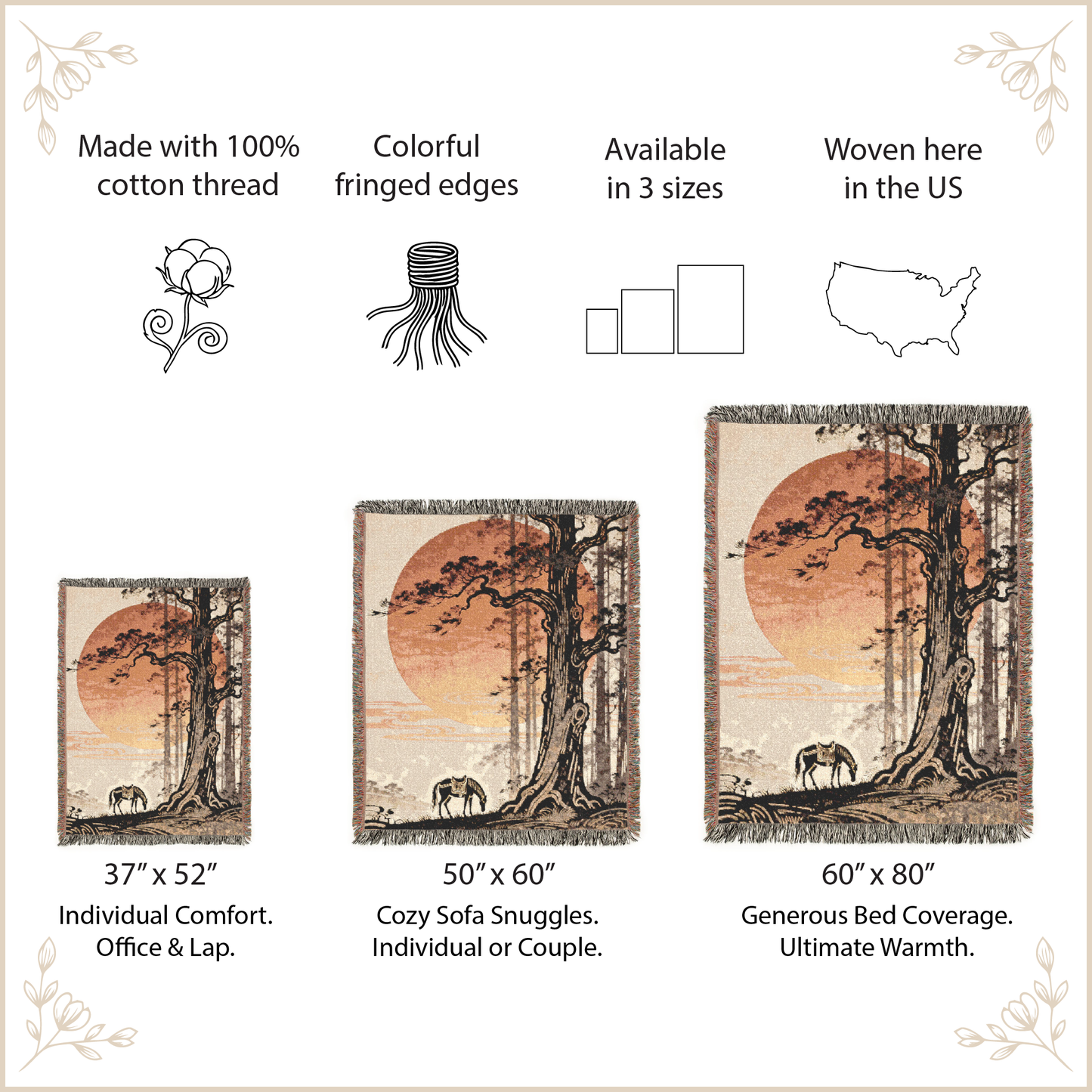 Woven blanket with tree design and size options on a beige background