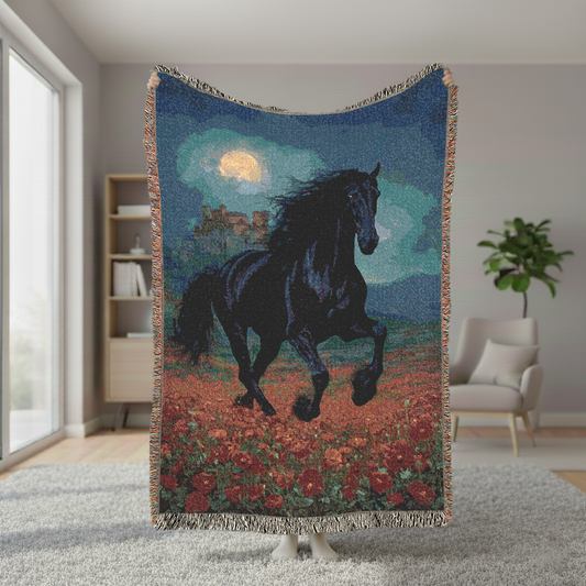 Black Horse Woven Blanket, Vintage Jacquard Style Tapestry Wall Hanging, Moonlit Poppy Field Art Throw, Dark Academia Decor, Equestrian Gift