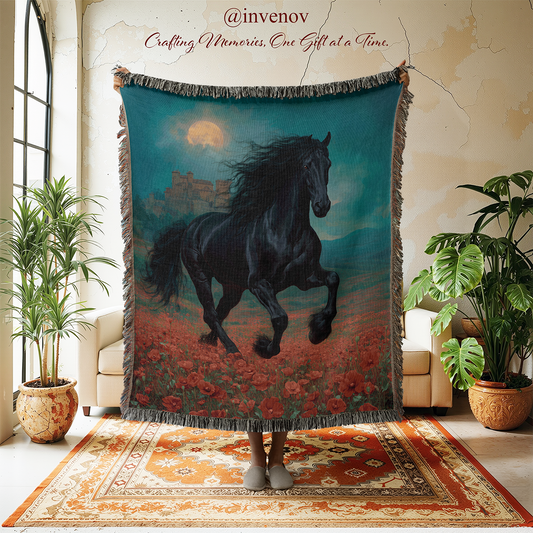 Blanket with a horse design held up in a room with plants and furniture.