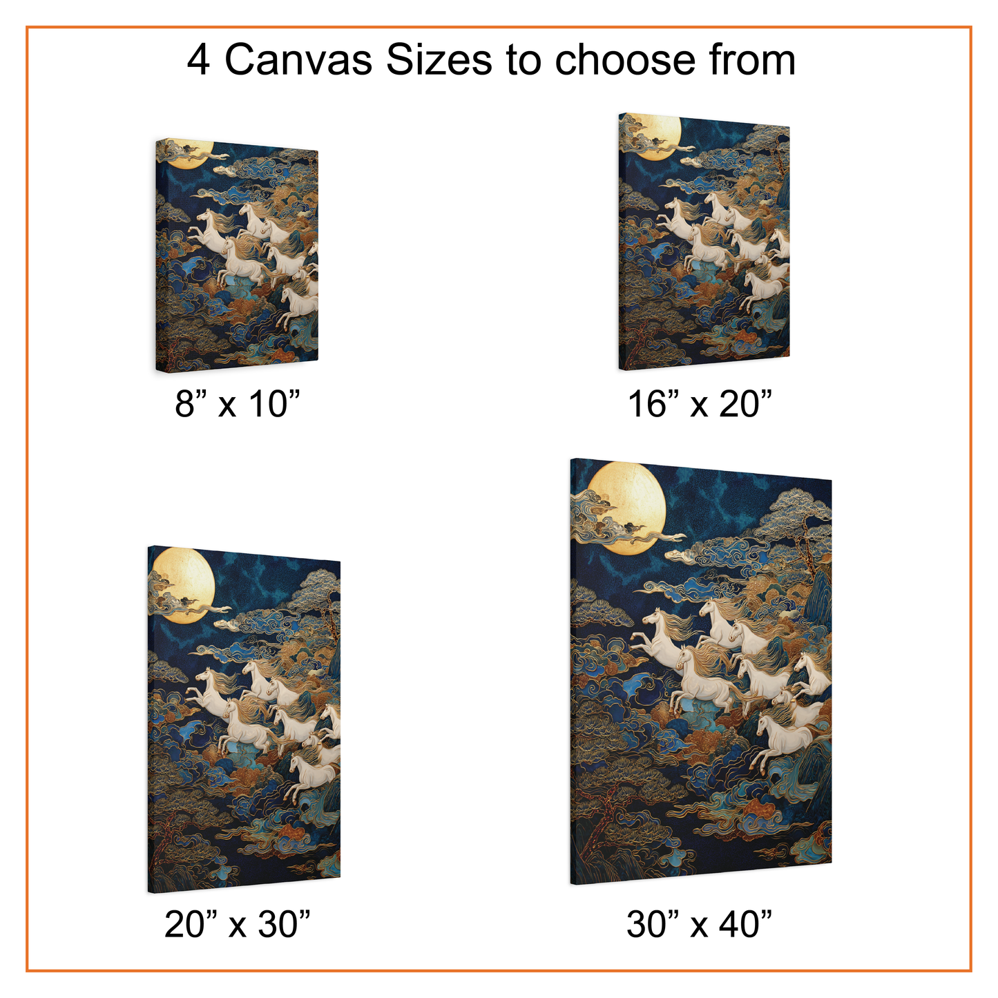 Eight White Horses Canvas, Year of the Horse, Japanese Art Poster Print, Asian Celestial Poster, Full Moon Wall Art, Mythical Animal Decor