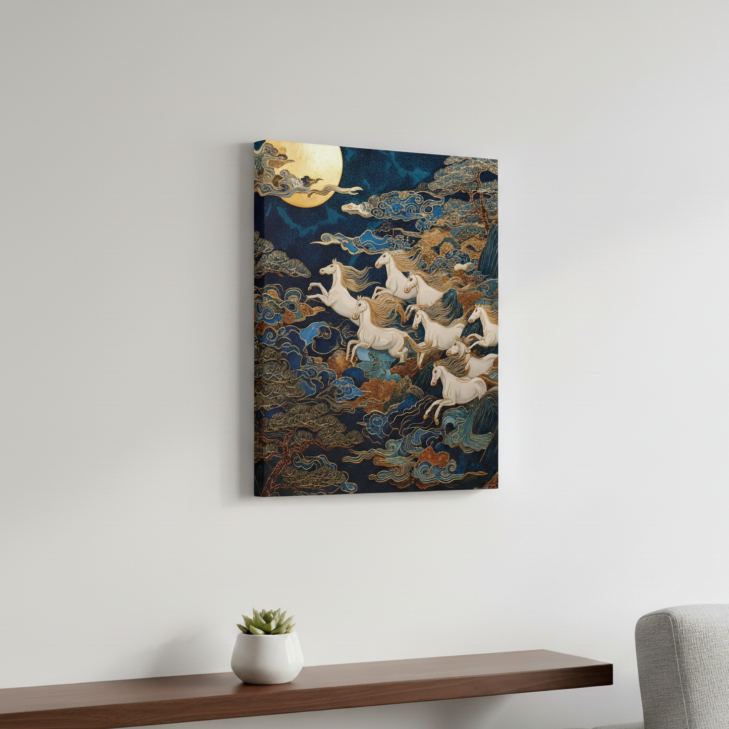 Eight White Horses Canvas, Year of the Horse, Japanese Art Poster Print, Asian Celestial Poster, Full Moon Wall Art, Mythical Animal Decor