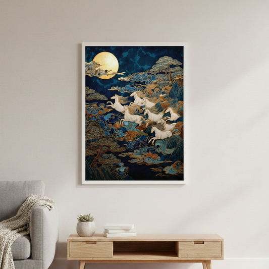 Eight White Horses Canvas, Year of the Horse, Japanese Art Poster Print, Asian Celestial Poster, Full Moon Wall Art, Mythical Animal Decor