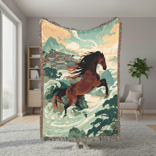 Chinese Horse Woven Blanket, Vintage Asian Art Tapestry, Shan Shui Painting Jacquard Throw, Equestrian Gift, Chinoiserie Mountain Decor