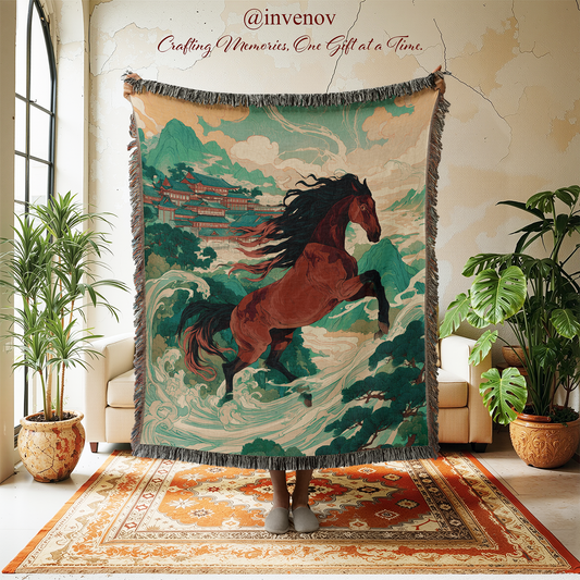 Decorative blanket with horse design in a living room