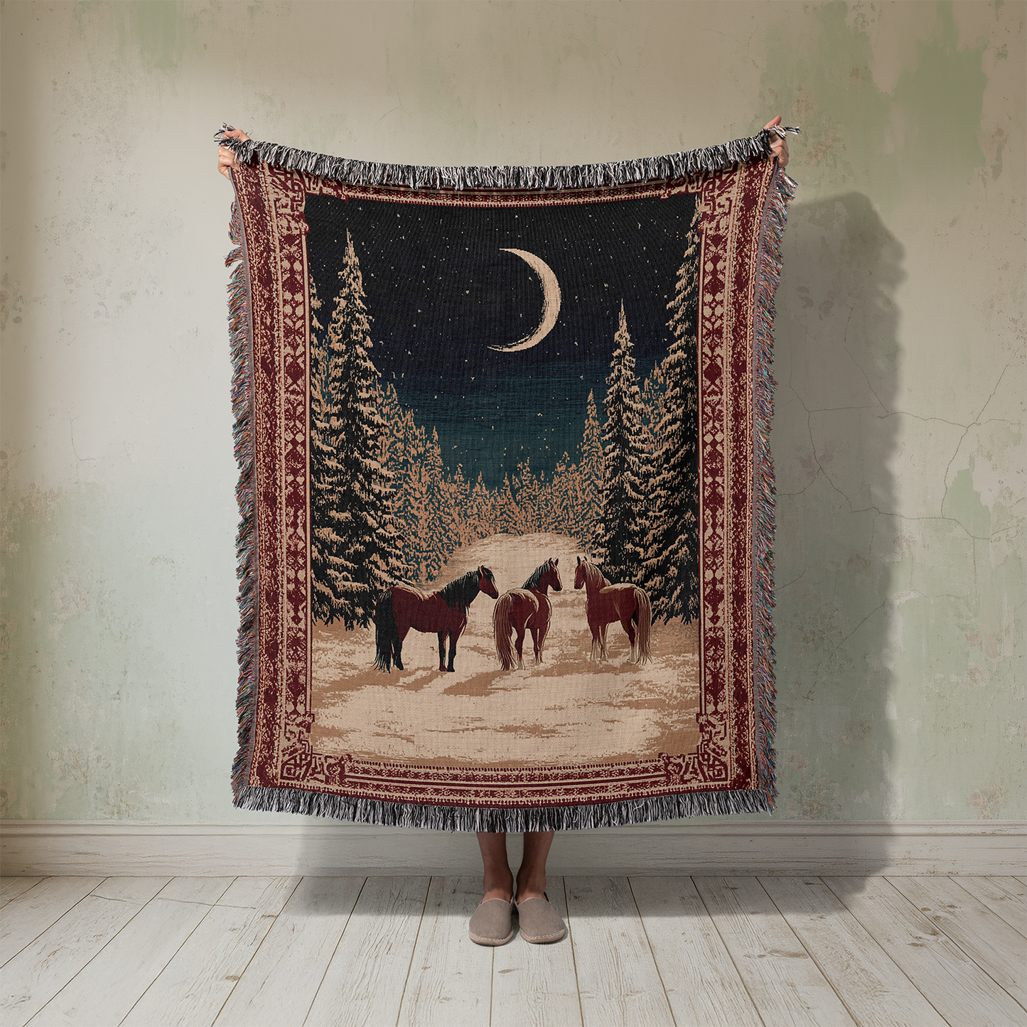 Horse Woven Blanket, Winter Scene Tapestry, Snowy Forest Throw, Moon and Stars Jacquard Art, Rustic Cabin Decor, Equestrian Gift