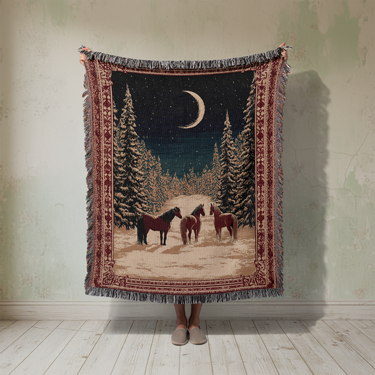 Horse Woven Blanket, Winter Scene Tapestry, Snowy Forest Throw, Moon and Stars Jacquard Art, Rustic Cabin Decor, Equestrian Gift