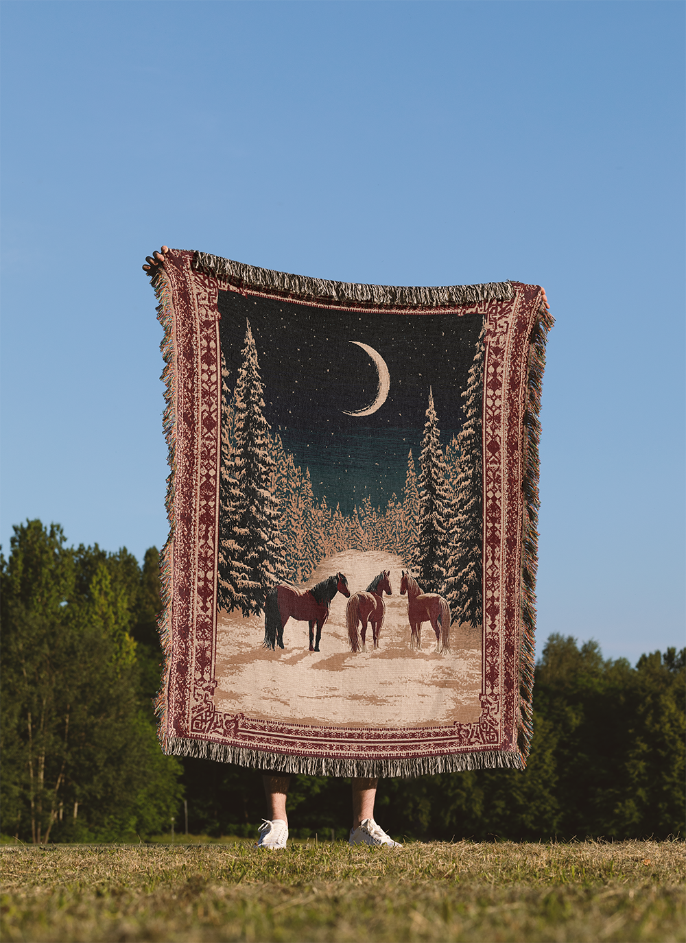 Horse Woven Blanket, Winter Scene Tapestry, Snowy Forest Throw, Moon and Stars Jacquard Art, Rustic Cabin Decor, Equestrian Gift