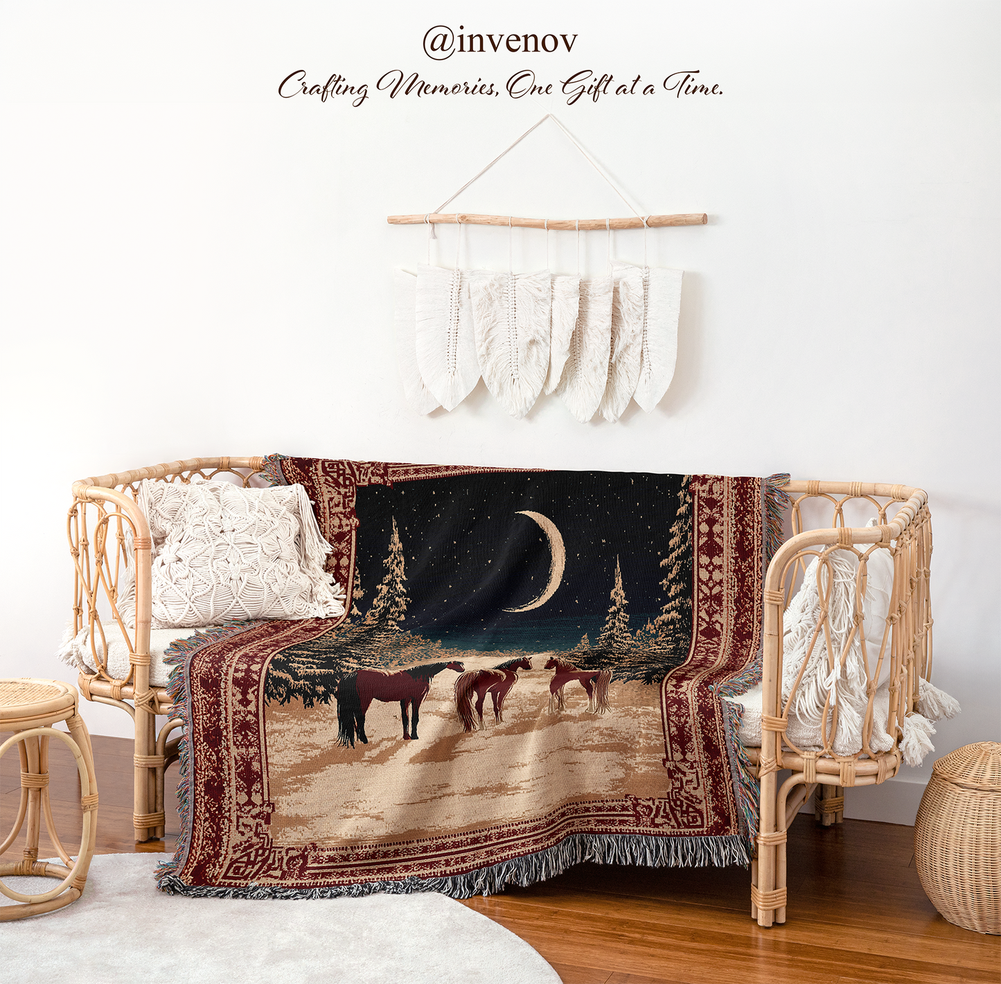 Decorative blanket with horse design draped over a chair
