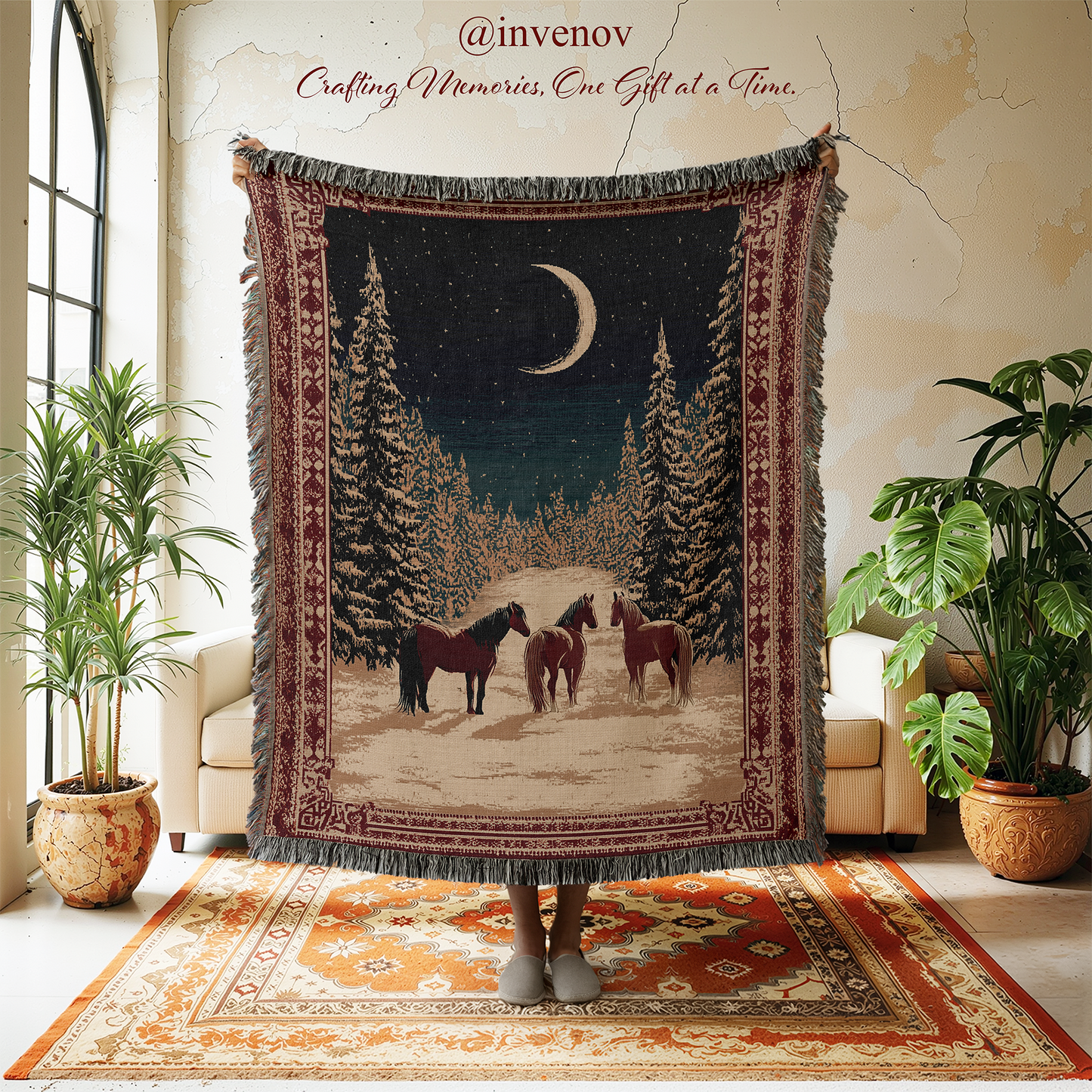 Decorative tapestry with horses and a moon over trees in a room with plants and furniture.