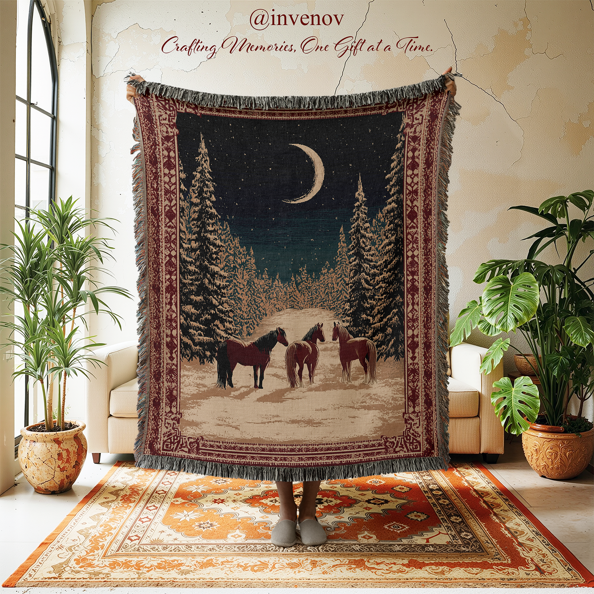 Decorative tapestry with horses and a moon over trees in a room with plants and furniture.