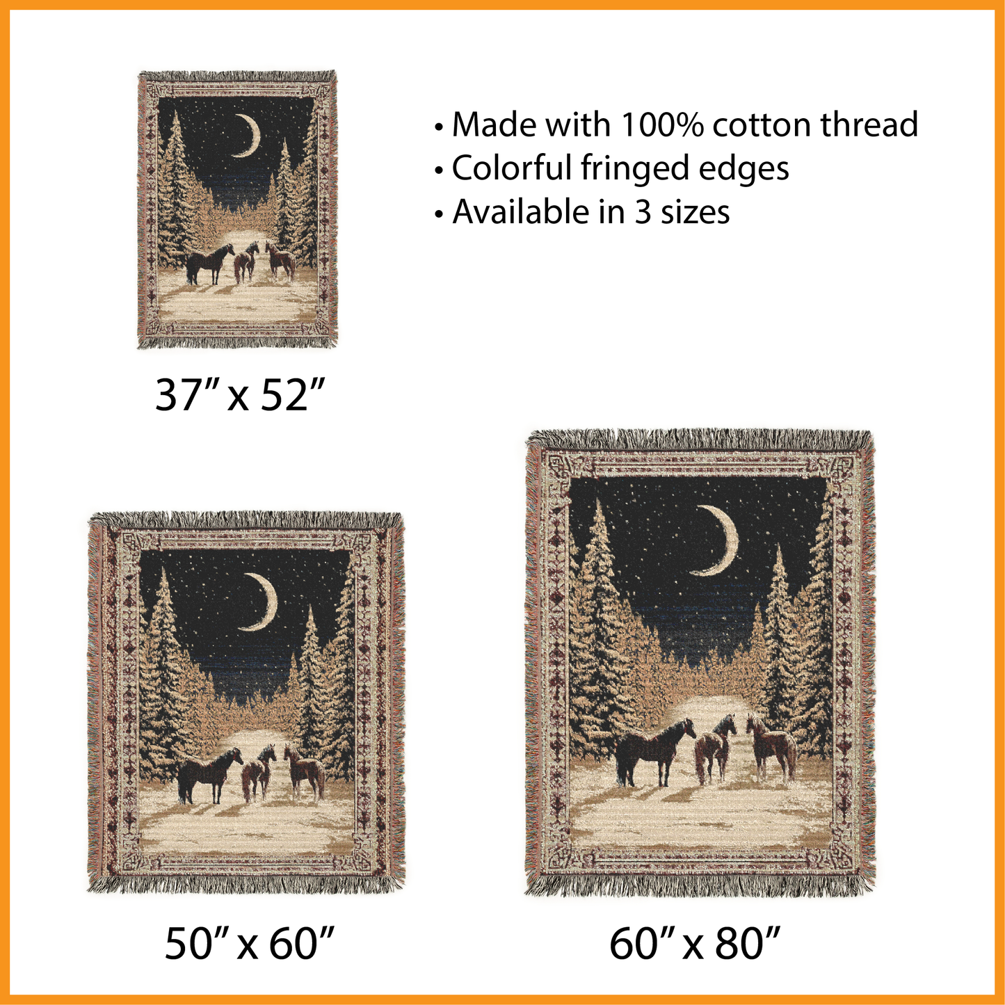 Horse Woven Blanket, Winter Scene Tapestry, Snowy Forest Throw, Moon and Stars Jacquard Art, Rustic Cabin Decor, Equestrian Gift