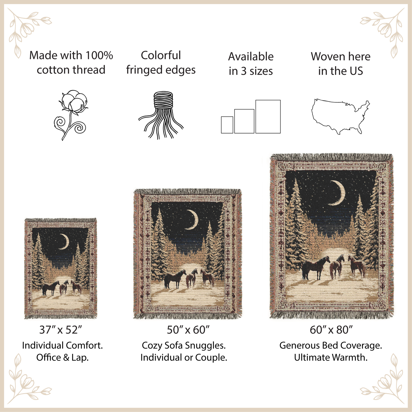 Woven tapestry with horse design, featuring size options and product details.