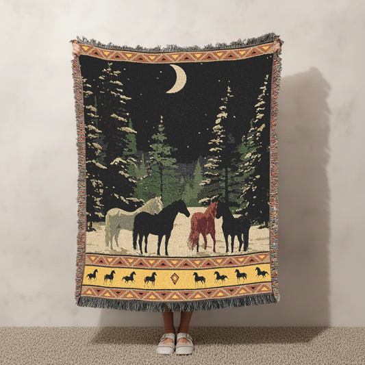 Southwestern Horse Woven Blanket, Winter Scene Tapestry, Rustic Cabin Decor Jacquard Throw, Western Equestrian Snowy Moonlit Forest Art