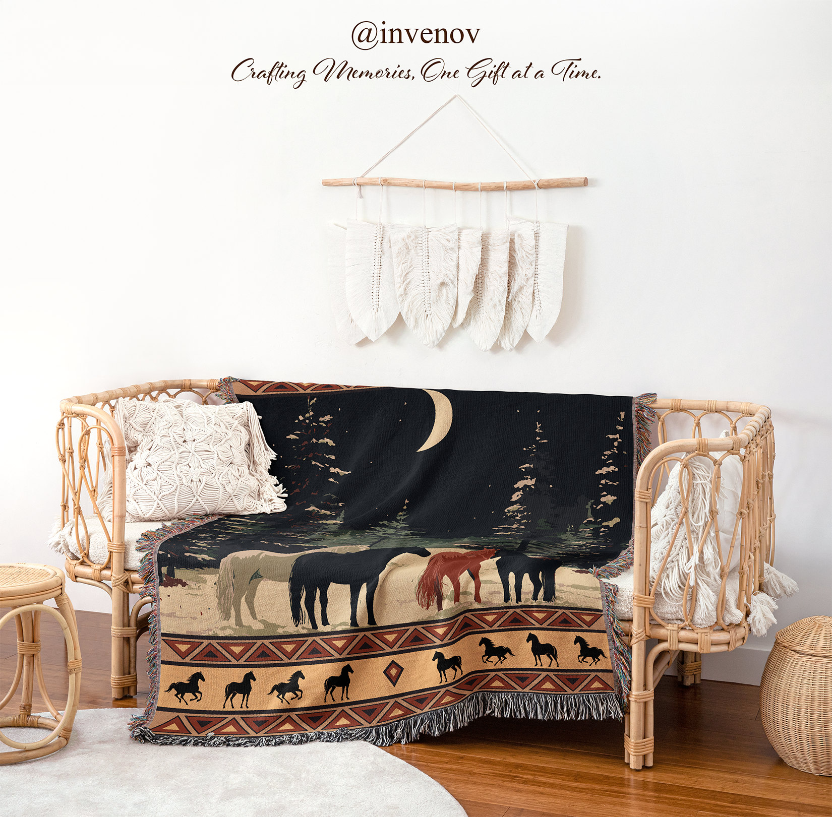 Woven blanket with horse design on a wooden chair