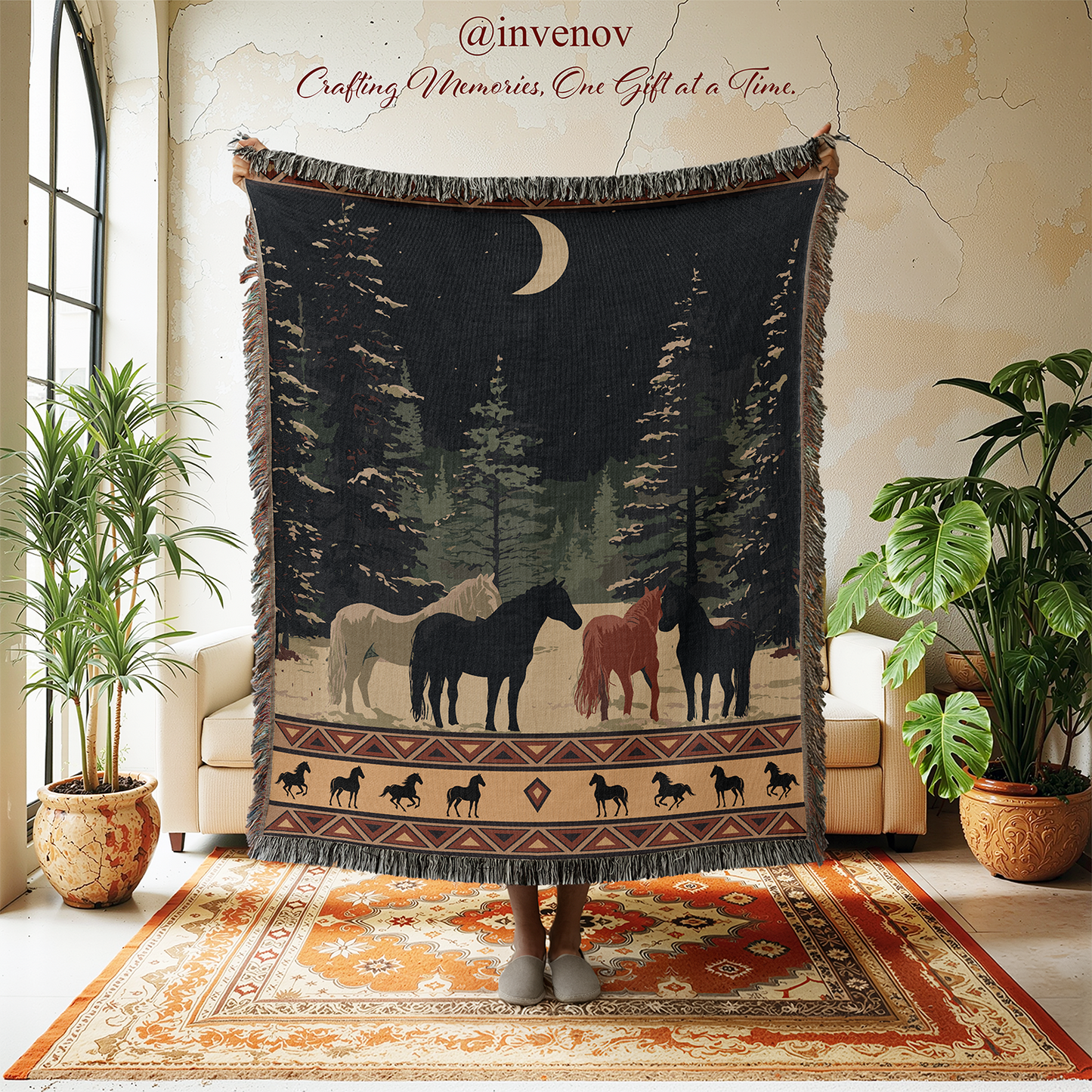 Woven blanket with horse design in a room with plants and furniture.