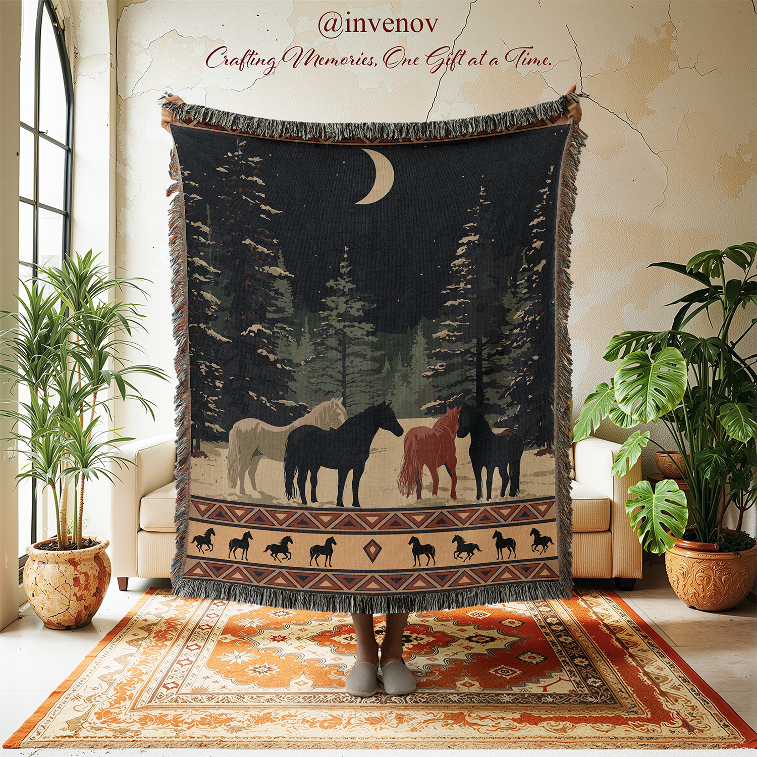 Woven blanket with horse design in a room with plants and furniture.
