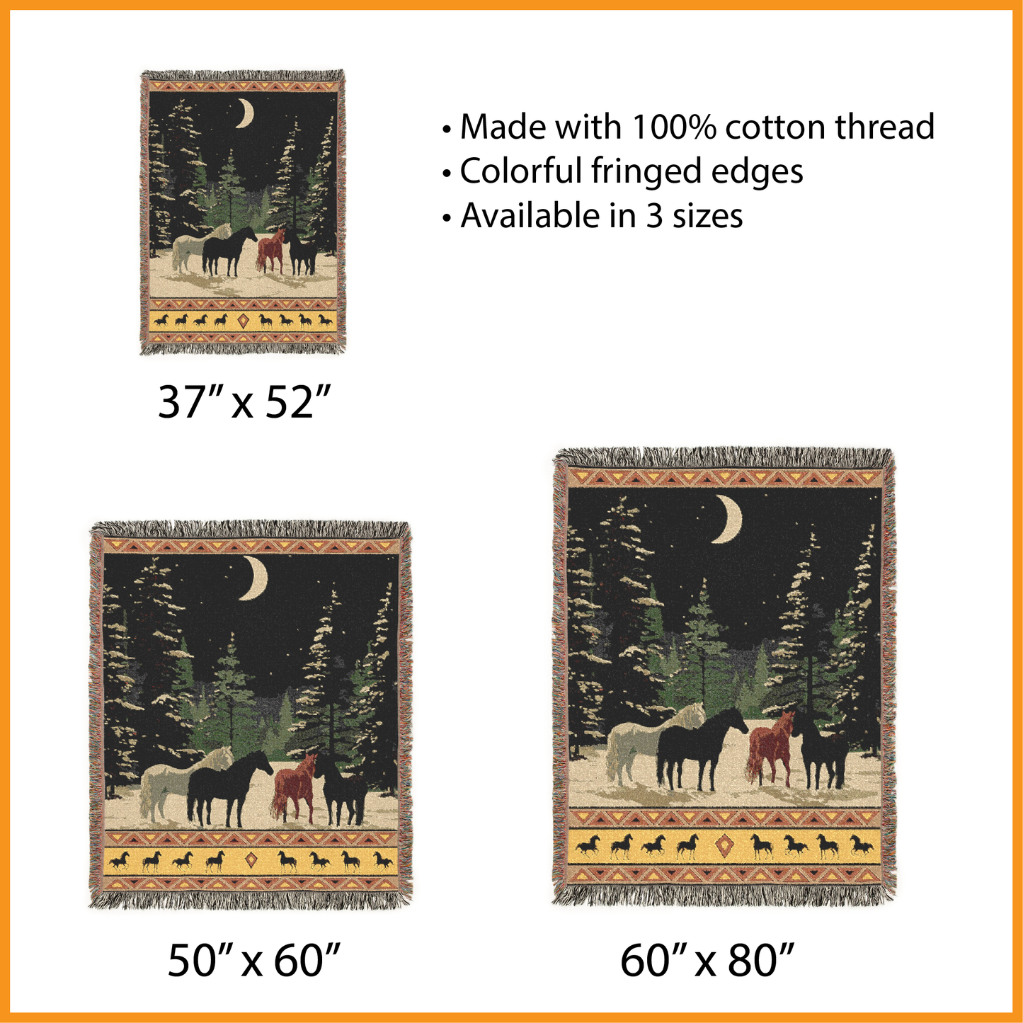Southwestern Horse Woven Blanket, Winter Scene Tapestry, Rustic Cabin Decor Jacquard Throw, Western Equestrian Snowy Moonlit Forest Art